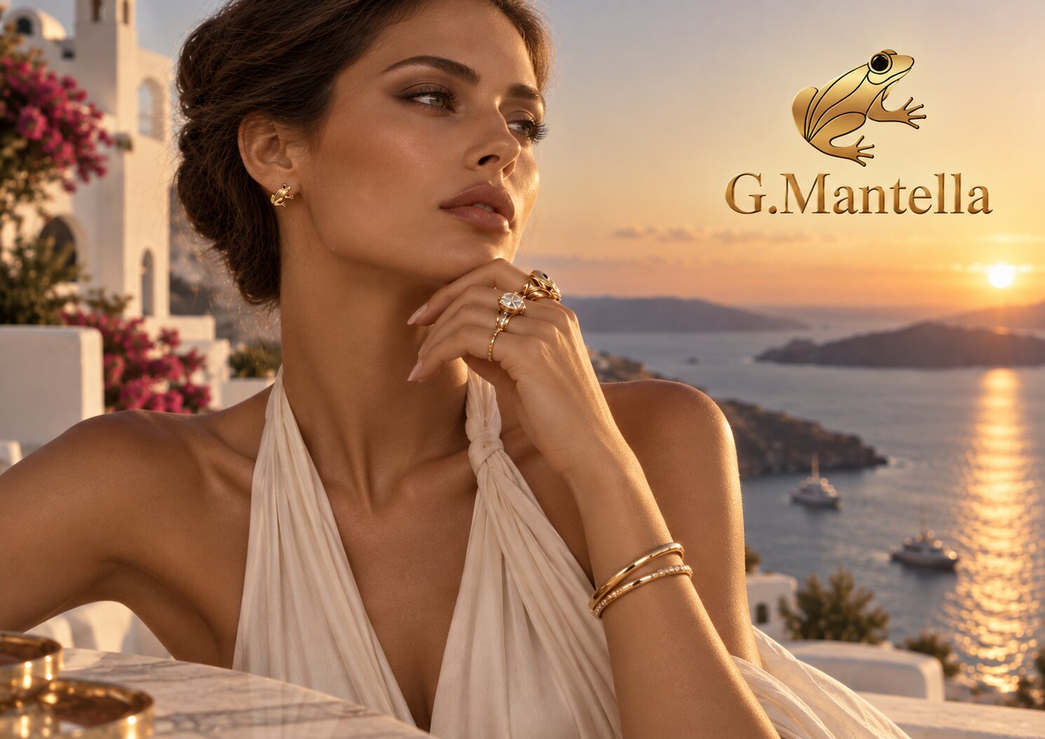 A woman wearing gold earrings, rings and bangles at sunset — gold jewellery from G. Mantella, 31 The Town, Enfield.